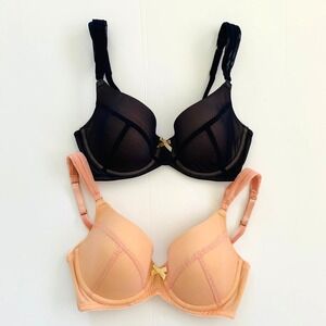 Lot of 2 NWOT Lepel Lucille Padded Underwire Plunge Bras 30DD Navy & Peach